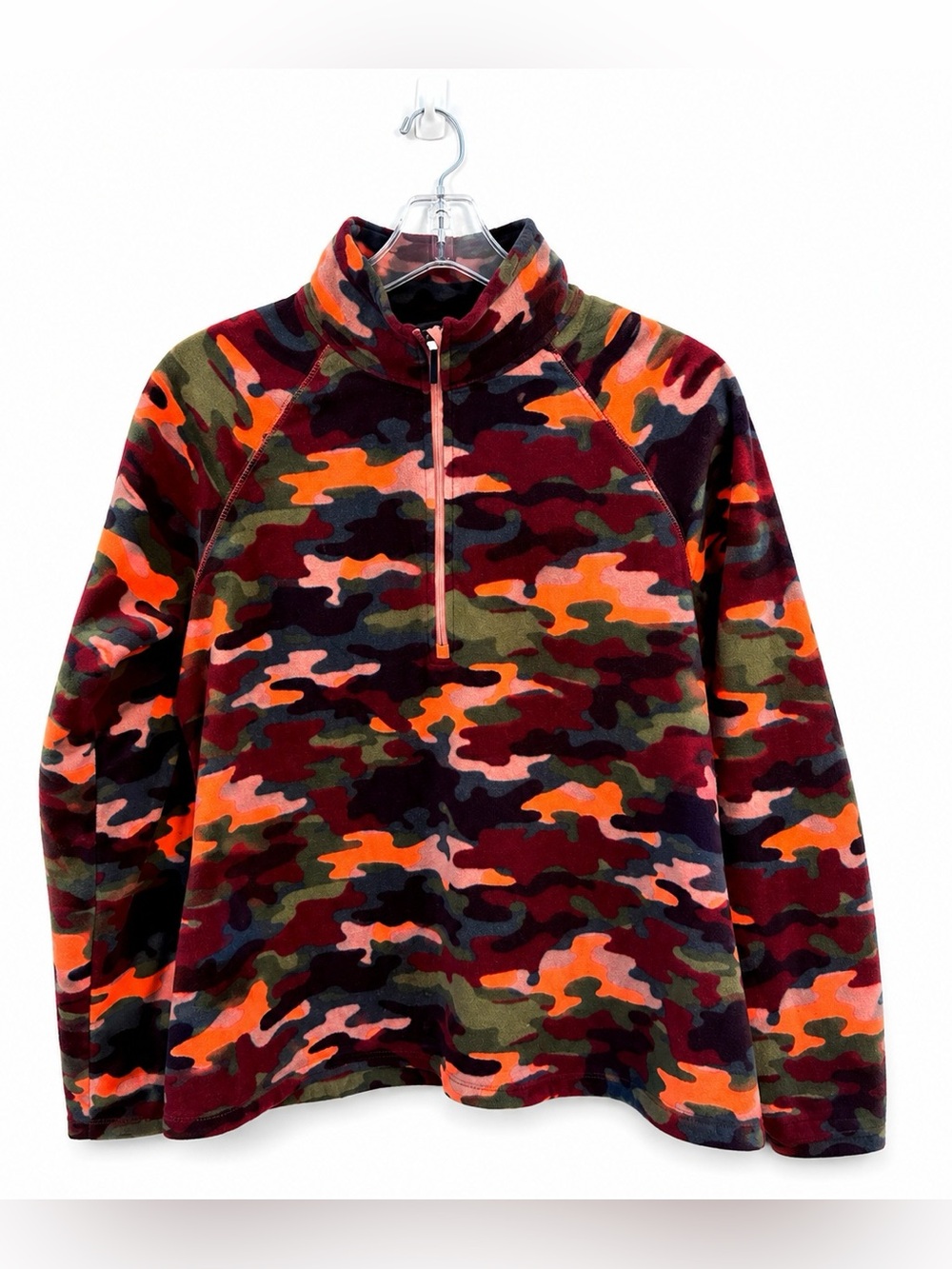 Eddie Bauer Womens Camo Fleece Quarter Zip Pullover Jacket Burgundy Orange Green